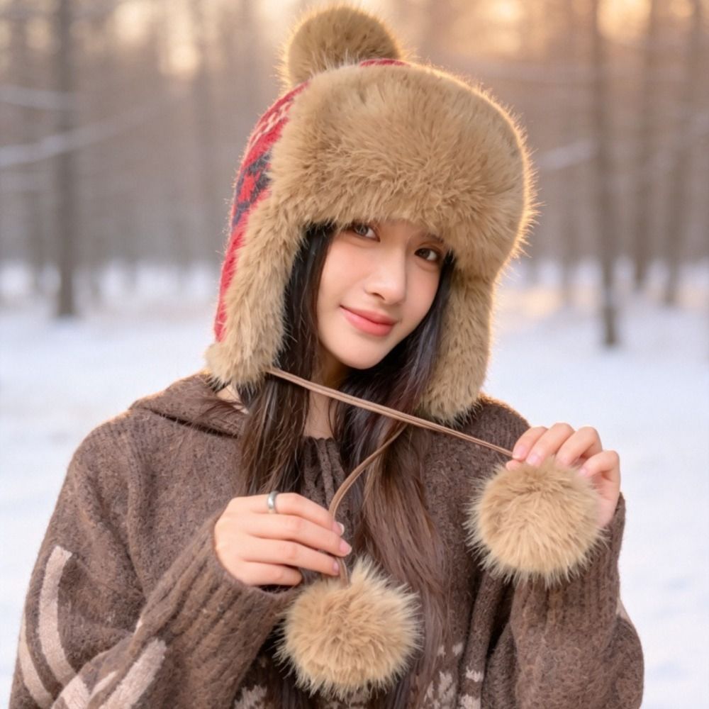 Trapper Hat Ear Flap - Stylish Polyester Knitted Trapper Hat Pom